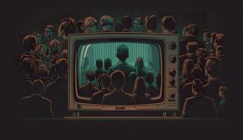 ai généré gens foule en train de regarder la télé. la télé dépendance, la propagande et faux nouvelles concept. génératif ai photo
