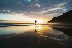 ai généré une la personne en marchant sur le plage à le coucher du soleil. ai généré. photo