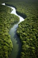 ai généré aérien vue de le amazonas jungle paysage avec rivière plier. génératif ai photo