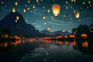 ai généré lanternes mouche dans ciel à rivière, en volant lanternes dans le nuit ciel pendant le diwali Festival ai généré photo