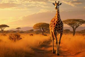 ai généré girafe en marchant à travers le africain savane ai généré photo