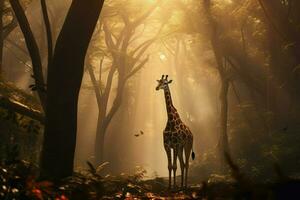 ai généré girafe en marchant à travers le africain forêt ai généré photo