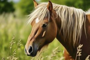 ai généré marron cheval avec blond cheveux mange herbe sur une vert Prairie détail de le diriger. ai généré photo