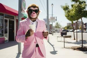 ai généré une singe est portant des lunettes de soleil, costume et permanent sur rue. ai généré photo