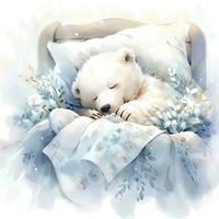 ai généré une somnolent bébé blanc ours dans literie. aquarelle illustrations. ai généré photo