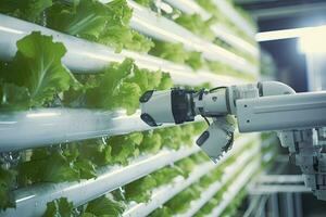 ai généré automatique agricole La technologie avec fermer vue de robotique bras récolte salade dans verticale hydroponique plante. ai généré photo