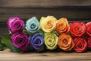 ai généré bouquet de multi coloré des roses sur en bois planches, content anniversaire mensonge sur planches. ai généré photo