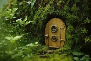 ai généré peu la magie en bois Fée des portes et les plantes laisser sur une moussu Naturel vert Contexte. ai généré photo