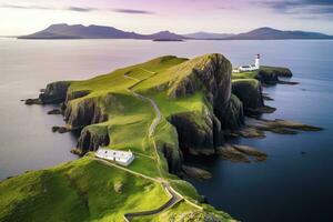 ai généré Skye île nid point phare dans montagnes. ai généré photo