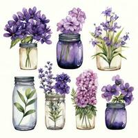 ai généré collection de aquarelle le maçon pots avec violet fleurs clipart. ai généré photo