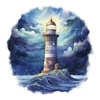 ai généré phare à côté de le mer à nuit. aquarelle pour T-shirt conception. ai généré photo