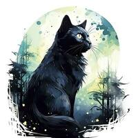 ai généré noir chat dans éclairé par la lune forêt. aquarelle pour T-shirt conception. ai généré photo