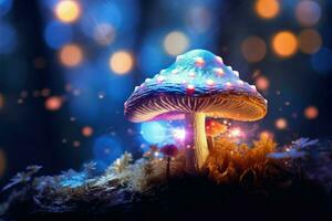 ai généré fantaisie champignon avec bokeh lumière dans le forêt à nuit 3d illustration de abstrait Contexte ai généré photo