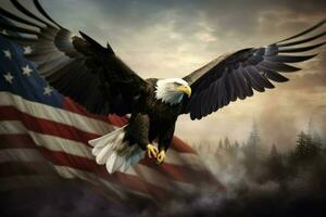 ai généré chauve Aigle en volant avec le américain drapeau ai généré photo