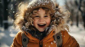 ai généré une mignonne bébé fille portant une hiver manteau jouit le hiver temps photo