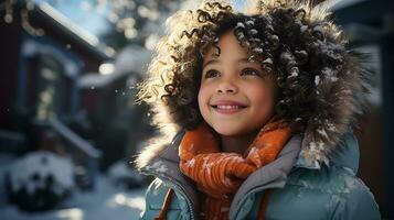 ai généré une mignonne bébé fille portant une hiver manteau jouit le hiver temps photo