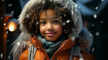 ai généré une mignonne bébé fille portant une hiver manteau jouit le hiver temps photo