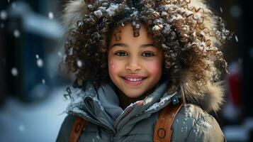 ai généré une mignonne bébé fille portant une hiver manteau jouit le hiver temps photo