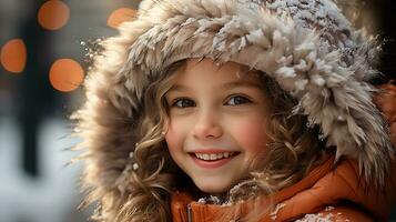 ai généré une mignonne bébé fille portant une hiver manteau jouit le hiver temps photo