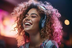 ai généré Jeune africain femme avec afro cheveux écoute à la musique avec écouteurs dans de face de une Contexte de coloré lumières. photo