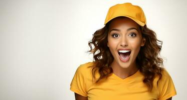 ai généré souriant femme avec casquette et Jaune T-shirt dans de face de blanc Contexte photo