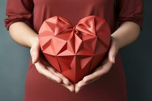 ai généré femme en portant une tridimensionnel rouge cœur dans sa mains. la Saint-Valentin journée concept. photo