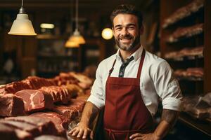 ai généré portrait de une souriant Boucher avec tablier et rouge tablier permanent dans une Boucher magasin. photo