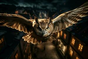 ai généré un hibou en volant plus de une ville à nuit photo