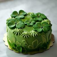 ai généré vert gâteau décoré avec trèfle feuilles. st. patrick's journée bonbons concept. photo