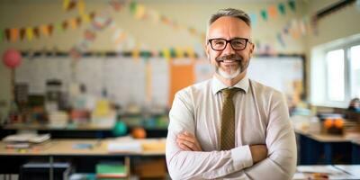 ai généré prof permanent dans salle de cours avec le sien bras franchi, génératif ai photo