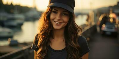 ai généré une femme est portant une T-shirt en plein air à coucher de soleil, génératif ai photo