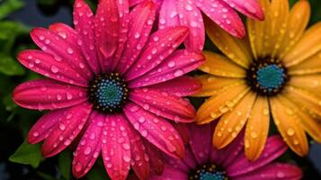 ai généré proche en haut de une bouquet de brillant coloré fleurs avec l'eau gouttelettes. photo