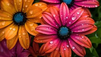 ai généré proche en haut de une bouquet de brillant coloré fleurs avec l'eau gouttelettes. photo