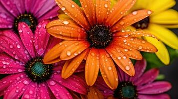 ai généré proche en haut de une bouquet de brillant coloré fleurs avec l'eau gouttelettes. photo