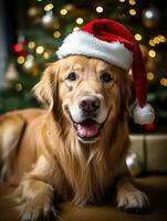 ai généré d'or retriever plein corps portant Noël chapeau et séance photo