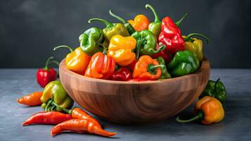 ai généré portrait une bol le Chili sur le table ai génératif photo