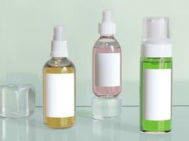 réaliste cosmétique bouteille blanc arrière-plan, liquide cosmétique bouteille, 3d le rendu photo