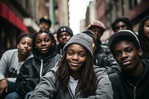 ai généré content adolescent copains ayant amusement sur ville rue et prise selfie. ami, mode de vie concept photo