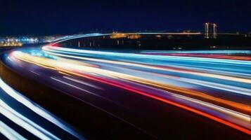 ai généré phare et Feu arrière les sentiers sur une occupé Autoroute à nuit. produire ai. photo