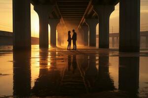 ai généré silhouette de une homme et une femme en marchant en dessous de le pont, une des couples réflexion sur le l'eau surface en dessous de une pont à d'or heure, ai généré photo