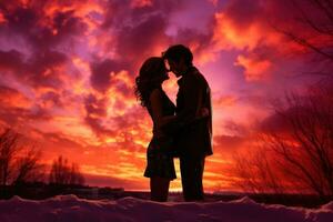 ai généré silhouette de une aimant couple dans le hiver à coucher de soleil, une couple embrassement dans de face de une vibrant la Saint-Valentin journée coucher de soleil, ai généré photo