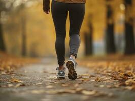 ai généré femme jambes dans blanc des chaussures contre l'automne feuilles Contexte photo