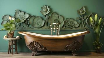 ai généré en bois baignoire contre une vert mur avec lotus fleur décoration photo