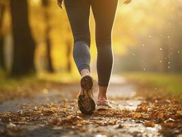 ai généré femme jambes dans blanc des chaussures contre l'automne feuilles Contexte photo