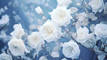 ai généré blanc des roses Floraison contre bleu ciel Contexte photo