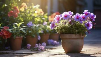 ai généré magnifique fleurs dans des pots à l'extérieur dans le jardin photo