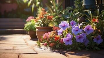 ai généré magnifique fleurs dans des pots à l'extérieur dans le jardin photo