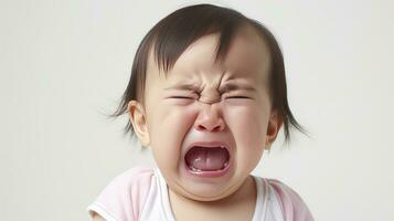 ai généré petit enfant bébé fille bambin triste pleurs sur une blanc Contexte photo
