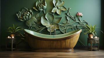 ai généré en bois baignoire contre une vert mur avec lotus fleur décoration photo