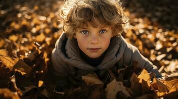 ai généré peu garçon couverture dans l'automne feuilles et ombres photo